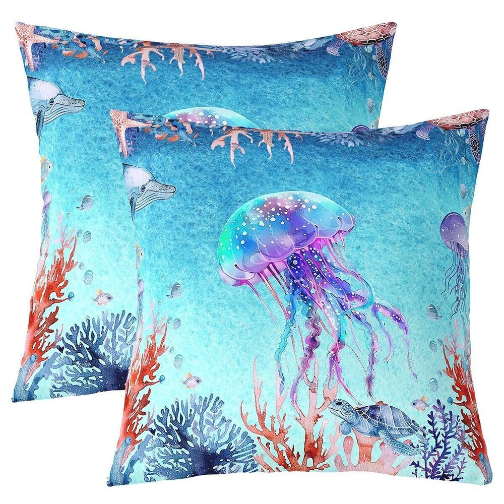 9157 Jellyfish Throw Pillow Covers 18"x18" Set of 2 Sea Turtle Decorative